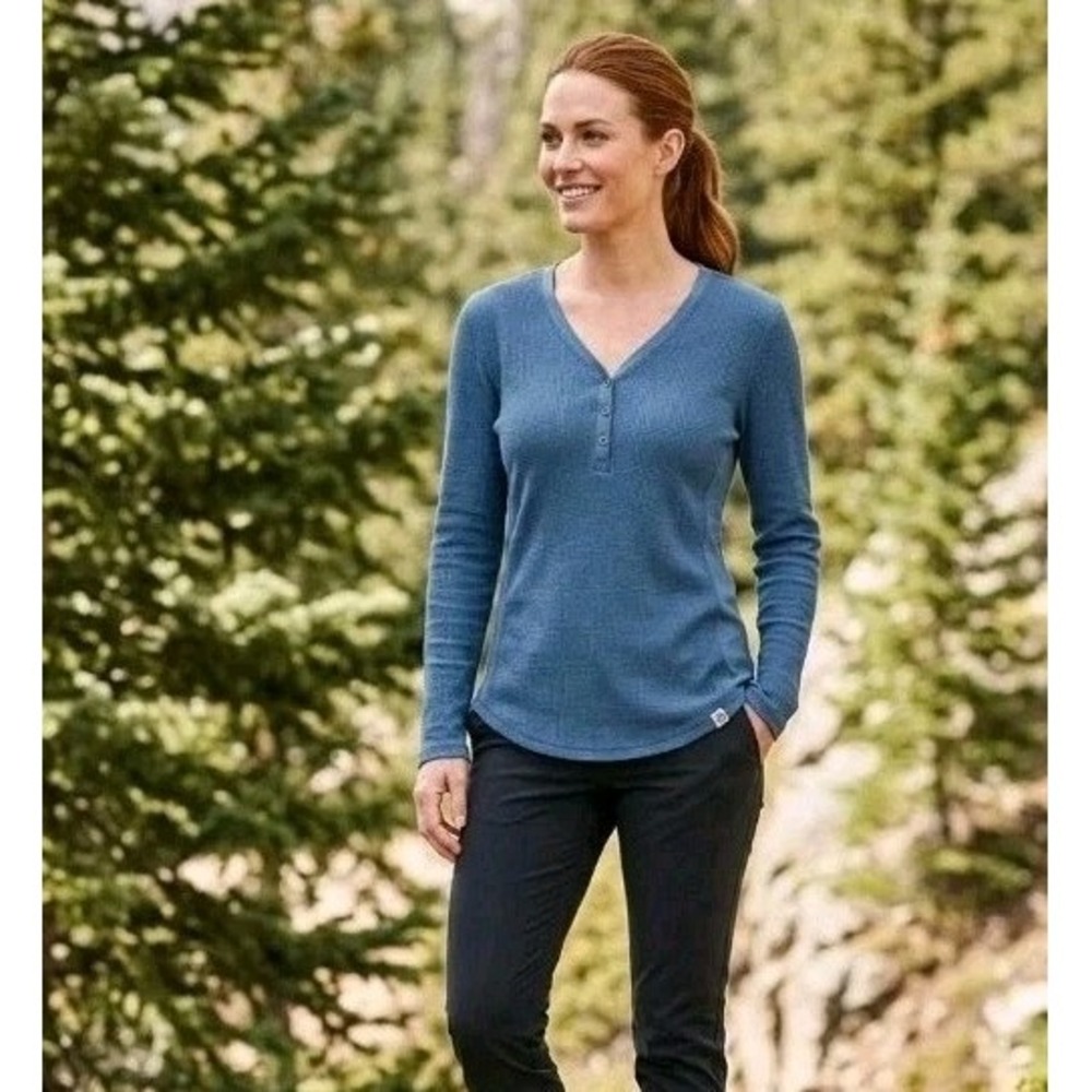 Eddie Bauer Women's Size Small Waffle Knit Henley Shirt Long Sleeve Blue V-Neck